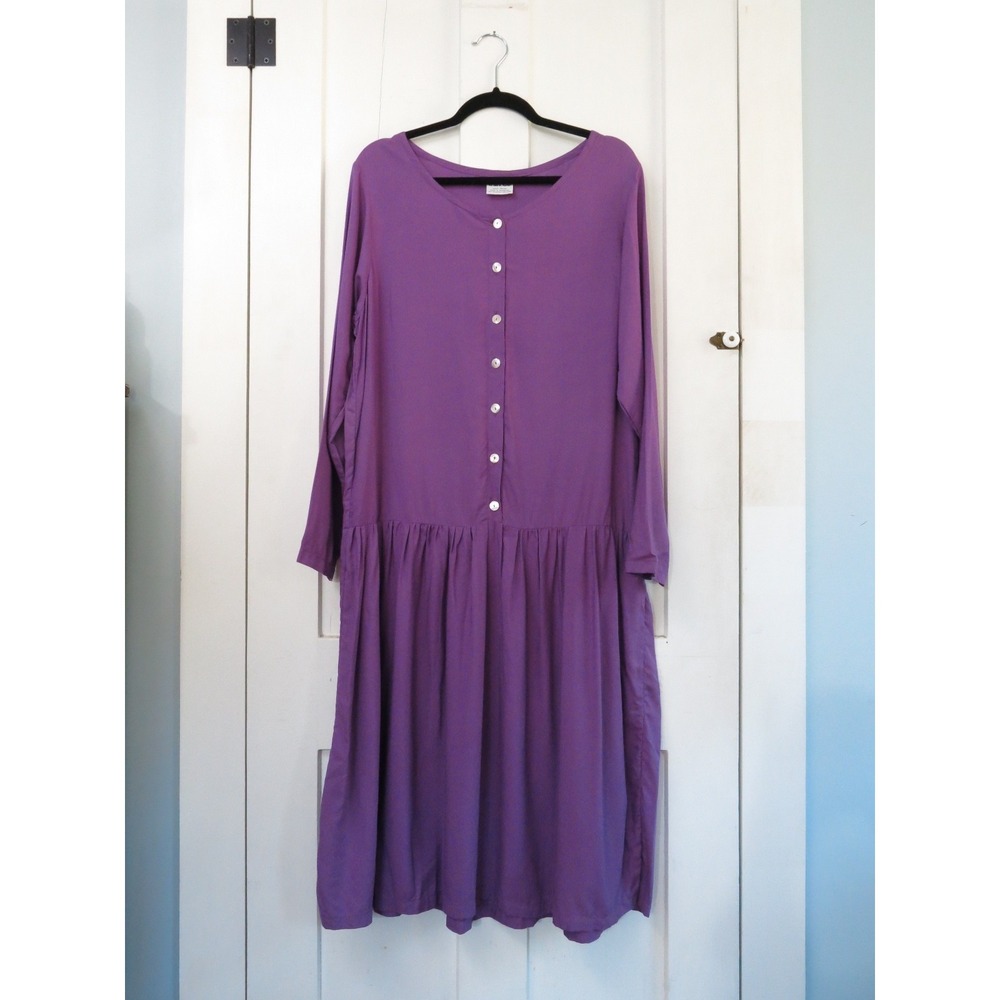 Vtg 90s Thin Air Purple Rayon Drop Waist Dress M Grunge Button Midi Witchcore